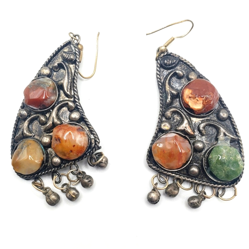 Artisan natural stones hand cut silver earrings butterfly wings vintage stunning